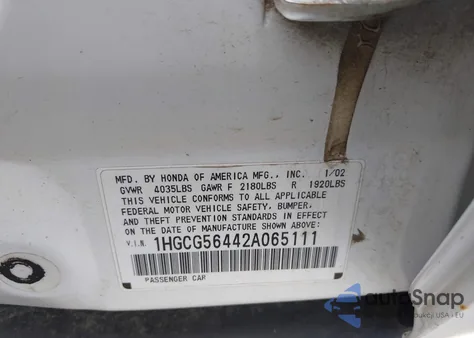 2002 Honda Accord 2.3 Lx из США, поврежденный, VIN 1HGCG56442A065111